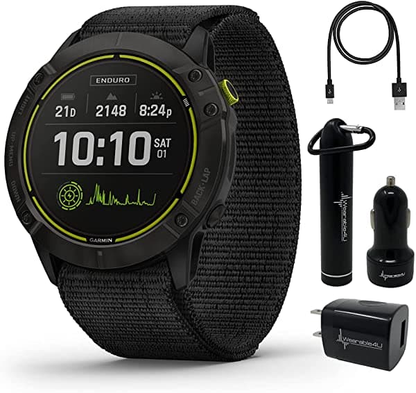 Garmin Enduro 2 - Reloj Inteligente De Titanio Dlc Gris Carbono Con Banda De Nailon Negro Duración De La Batería Gps De Larga Duración Carga Solar Mapas Precargados Con Auriculares Negros Wearable4U 010-02408-01