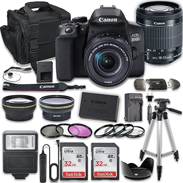 Canon Eos 850D (Rebel T8I) Cámara Dslr Con Lente Stm De 0.709-2.165 In + 2 Tarjetas De Memoria De Alta Velocidad 32 + Kit De Accesorios