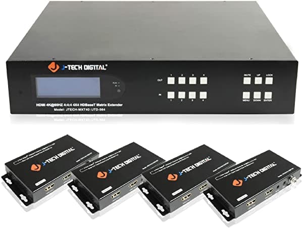 J-Tech Digital Hdbaset - Extensor De Matriz 4X4 Compatible Con Hdmi2.0 Hdcp2.2 4K60Hz 444 Hdr Dolby Vison Con 4 Receptores Poc Cable Cat5E/6 Aplicación De Control Controlador Control4 JTECH-MXT40