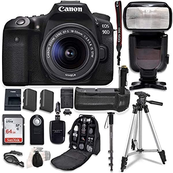 Canon Eos 90D Cámara Réflex Digital Y Lente Stm De 0.709-2.165 In Con Empuñadura De Batería Y Paquete De Accesorios Profesionales (16 Artículos)