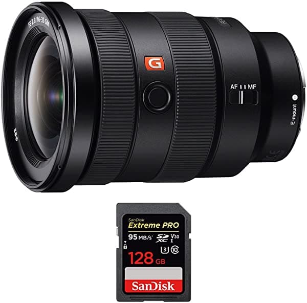 Sony (Sel1635Gm Fe 0.630-1.378 In F2.8 Gm Gran Angular Lente De Zoom Cámaras De Montaje En E Con Sandisk Extreme Pro Sdxc 128Gb Uhs-1 Tarjeta De Memoria E10SNSEL1635GM