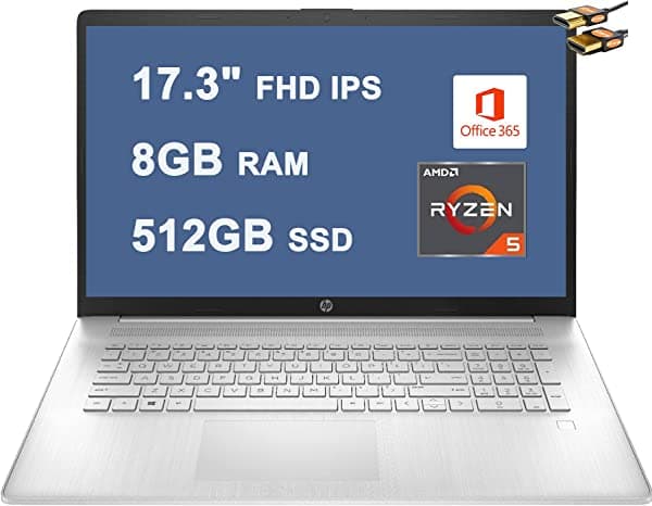 HP Flagship 17 Notebook empresarial 2021 17.3" FHD IPS pantalla AMD Ryzen 5 5500U de seis nucleos (supera al i7-1160G7) 8GB RAM 256GB SSD lector de huellas dactilares USB-C Office365 Win10 Silver + iCarp cable HDMI HP Laptop 17