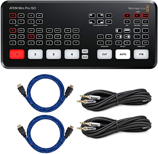 Blackmagic Design Atem Mini Pro Iso Con 2X Knox Gear Nylon Trenzado 4K Cables Hdmi Y 2X Slim 0.138 In Macho A Macho Cable Auxiliar Estéreo (5 Artículos) SWATEMMINIBPRIS_K1