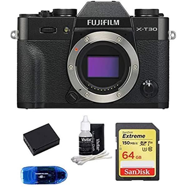 Fujifilm X-T30 Cuerpo De Cámara Digital Sin Espejo (Negro) Incluye Tarjeta De Memoria Sandisk 64 Gb Extreme Sdxc Lector De Tarjetas Cartera De Tarjeta De Memoria Y Kit De Limpieza De Lentes (5 Artículos) FUJIFILM X-T30 Mirrorless Digital Camera