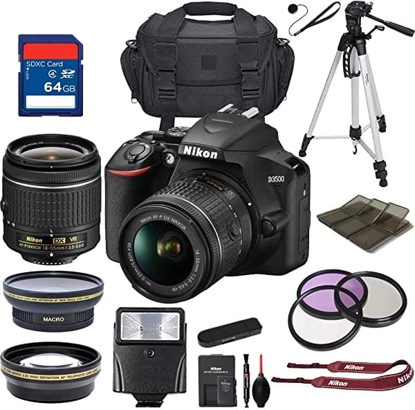 Diginex Nikon D3500 camara DSLR con AF-P DX Nikkor 18-55mm f/3.5-5.6G VR lente + tarjeta de memoria de 64 GB profesional paquete de accesorios