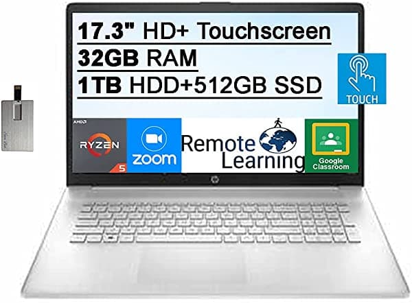2021 Hp 17.3 Pulgadas Hd+ Pantalla Táctil Procesador Amd Ryzen 5-5500U (6 Núcleos) 32 Gb De Ram 1 Tb Hdd+512 Gb Ssd Gráficos Amd Radeon Hd Audio Cámara Web Hd Win 10 Plata Tarjeta Usb De 32 Gb