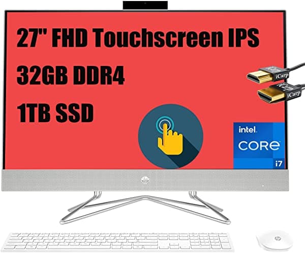 HP Pavilion All-in-One 27 Flagship 2021 computadora de escritorio de 27" FHD pantalla tactil IPS Intel Quad-Core i7-1165G7 de 11ª generacion 32GB DDR4 1TB SSD WiFi5 camara Bluetooth Win10 Plata + iCarp cable HDMI HP 27