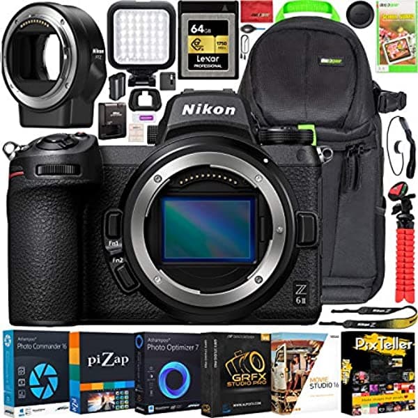 Nikon Z6II Cuerpo de Cámara Sin Espejo Formato FX de Cuadro Completo 4K UHD 1659 Paquete con Adaptador de Montura de Lente FTZ + Mochila Deco Gear + LED + Tarjeta CFexpress de 64GB + Kit de Software de Foto y Video & Accesorios E2NKZ6IIBODYF