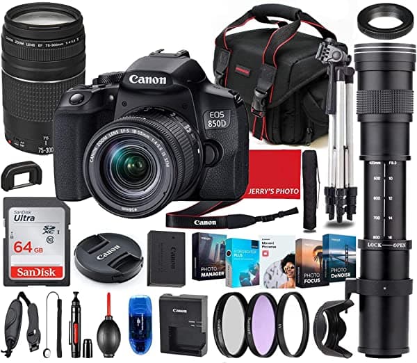 Canon Eos 850D (Rebel T8I) Cámara Dslr Con 0.709-2.165 In Stm Y Paquete De Lentes Iii De 2.953-11.811 In + Teleobjetivo De Zoom De 16.535-31.496 In + Paquete De Accesorios Premium Que Incluye Memoria De 64 Gb Paquete De Software De Foto/Video Bolsa Y Más
