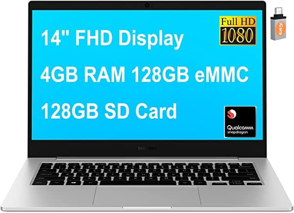 Samsung Flagship Galaxy Book Go 14 Notebook 14" FHD pantalla Octa-Core Qualcomm Snapdragon 7C Gen 2 procesador 4GB RAM 128GB eMMC 128GB tarjeta SD Dolby Atmos Win10 plata + adaptador USB-C ‎Samsung Galaxy Book Go 14