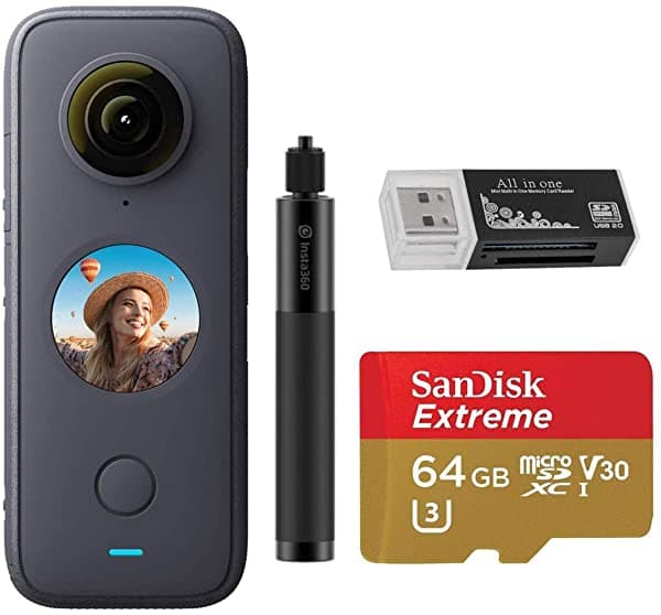 Insta360 One X2 360 Grados Impermeable Acción Cámara Paquete Con 64 Gb Tarjeta Microsd Selfie Stick Lector De Tarjetas