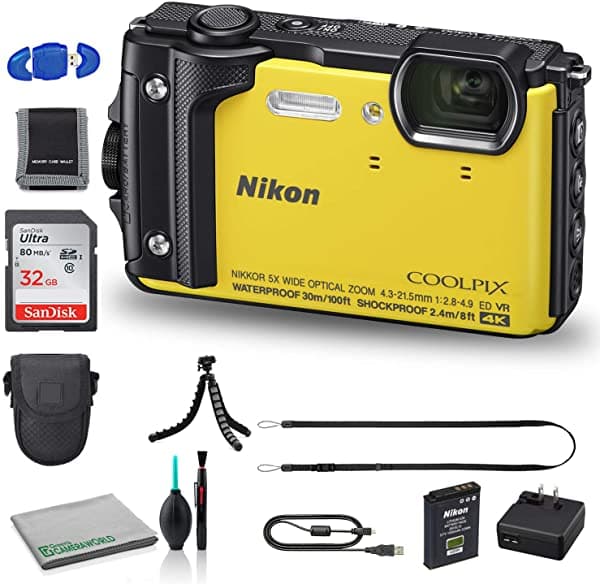 Nikon Coolpix W300 - Cámara digital (amarillo) (26525) modelo USA + tarjeta de memoria SanDisk Ultra 32 GB + tarjeta de memoria + trípode flexible de 12 pulgadas + bolso para cámara + juego de limpieza de lujo + lector de tarjetas USB 26525_EDI_1