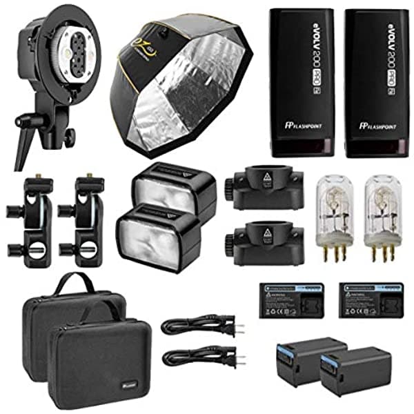 Flashpoint Kit De Flash De Bolsillo 2X Evolv 200 Pro Ttl Godox Ad200 Pro + Glow Ez Lock Octa Quick Xl Softbox Con Soporte Bowens (48 Pulgadas) + Flashpoint Evolv Dual Power Twin Head Con Soporte De Arco (Ad-B2) EV-200-PRO X15