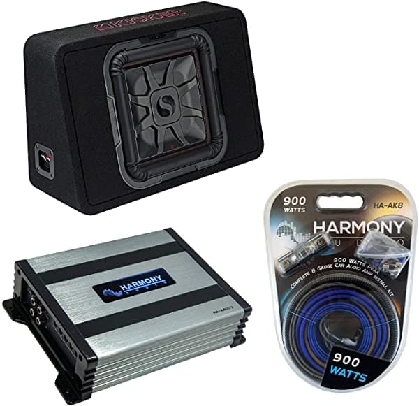 Kicker 46Tl7T122 Audio para Auto L7T con Carga Cuadrada de 12" Caja para Subwoofer Slim - Combo con Harmony HA-A400.1 Amplificador y Kit de Amplificador HA-SUBPACK150