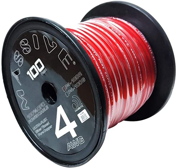 Massive Audio P4-100R - 4 Awg 100 Pies Rojo 100% Cobre Libre De Oxígeno Plateado Estañado Carrete Trenzado Alambre