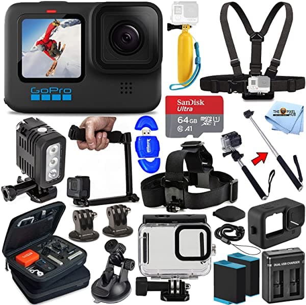 Pixel Hub Gopro Hero 10 Hero 10 Videocámara Negra - El Paquete Definitivo Incluye Sandisk Ultra 64 Gb Microsd 2 Baterías Adicionales Cargador Carcasa Subacuática Kit De Luz Led Funda De Transporte Y Más GOH10B1