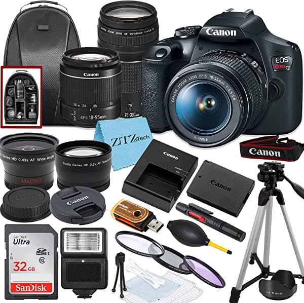 ZeeTech Canon Eos Rebel T7 Digital Slr Camara Ef-S 18-55 Mm + Ef 75-300 Mm Daul Lente + Sandisk 32Gb Tarjeta De Memoria + Trípode + Case + Wideangle Lentes +
