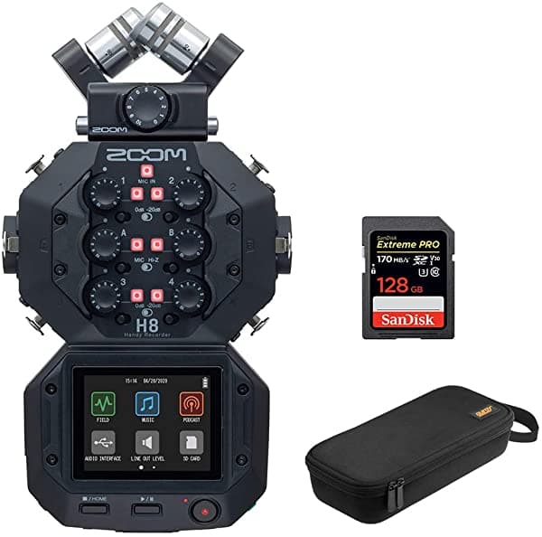 Zoom H8 Grabadora Portátil De 8 Entradas/12 Pistas Con Tarjeta De Memoria Pro De 128 Gb Y Estuche De Boca Ancha