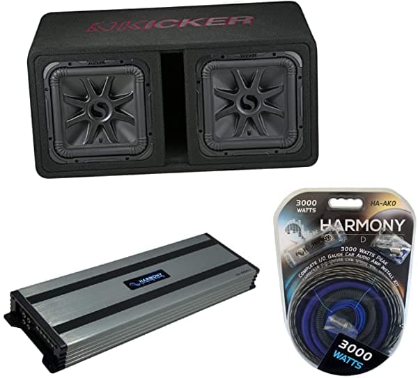 Harmony Audio HA-A1500.1 - Amplificador de subwoofer de 3000 vatios Kicker 45DL7R122 Solobaric L7 Dual 12" Caja para subwoofer ventilada y HA-AK0 calibre 1/0 3000W kit de instalación de amplificador HA-SUBPACK126