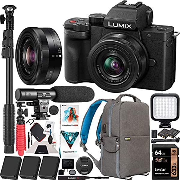 Panasonic Dc-G100Kk Lumix G100 - Cámara De Vigilancia Sin Espejo 4K Con Lente F3.5-5.6 De 12 A 1.260 In 3 Baterías Deco Gear Backpack + Led De Vídeo Fotográfico + Micrófono + Monopié + Kit De Software De 64 Gb Y Accesorios E1PNDCG100KK