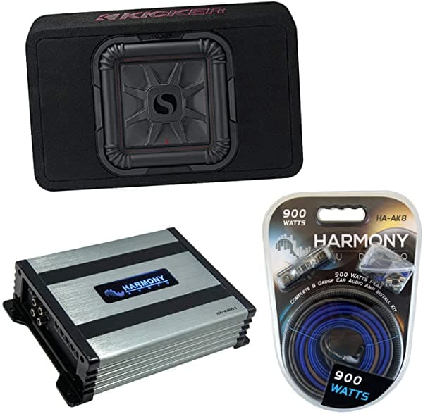 Harmony Audio Kicker Bundle compatible con vehículo universal 46TL7T102 10" cargado cuadrado Caja para subwoofer con amplificador HA-A400.1 y kit de instalación de amplificador HA-AK8 8Ga HA-SUBPACK148