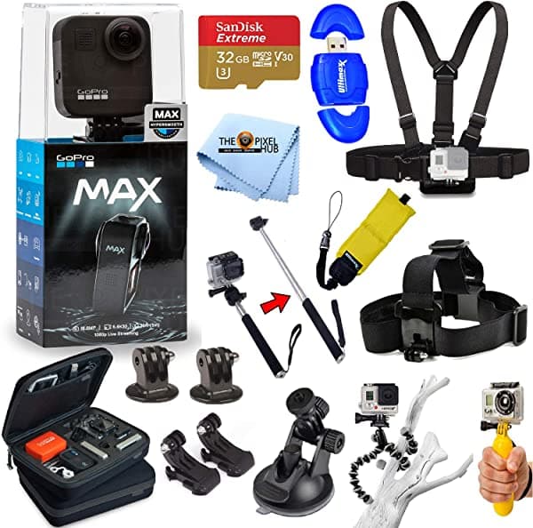 GoPro MAX Cámara de Acción 360 - Kit PRO con MicroSD 32GB, Correas Cabeza y Pecho, Bobber Flotante, Selfie Stick y Estuche
