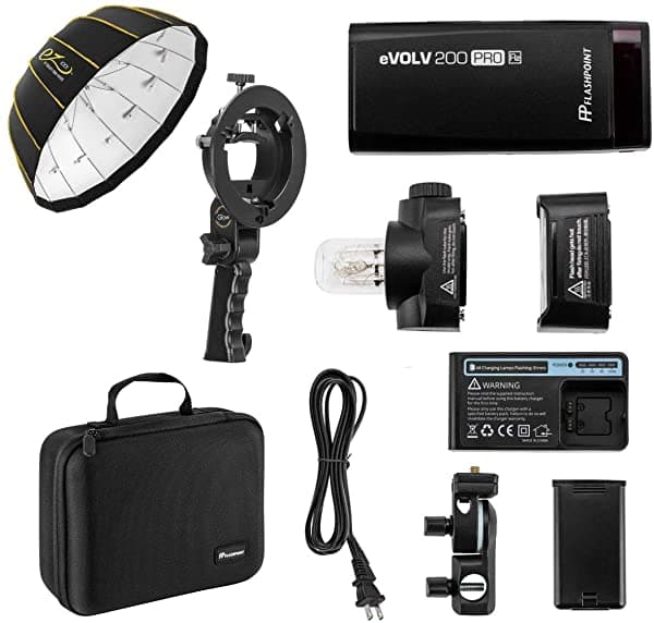 Flashpoint Evolv 200 Pro Ttl Kit De Flash De Bolsillo (Ad200 Pro) - Glow Ez Lock Plegable Plateado Beauty Dish (34 Pulgadas) Glow De Mano Grip S-Type Bracket Bowens Mount Holder Para Speedlite Flash Softbox EV-200 PRO X30