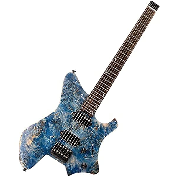 EART Guitarra eléctrica headless puente fijo guitarra de viaje pequeña guitarra completa ultraligera para escenario diestros guitarra de cuerpo sólido azul