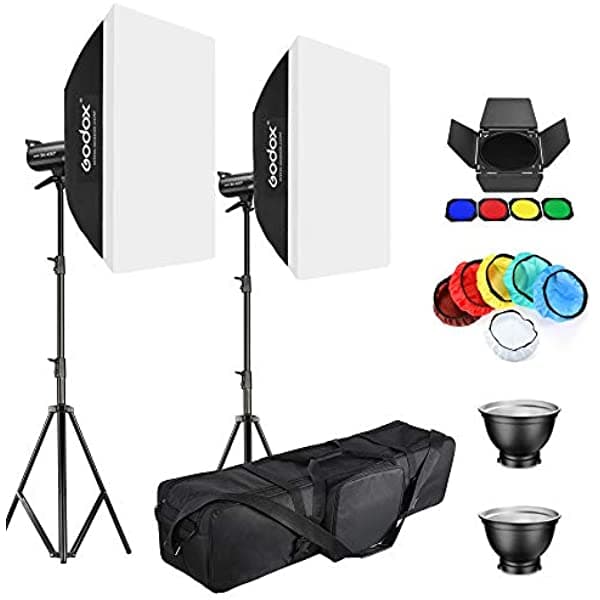 Godox SK400II 800W - Kit de luz estroboscópica para estudio de fotografía video locación y retrato con viseras (barn door) softbox soporte de luz paño suave bolso filtro T3948