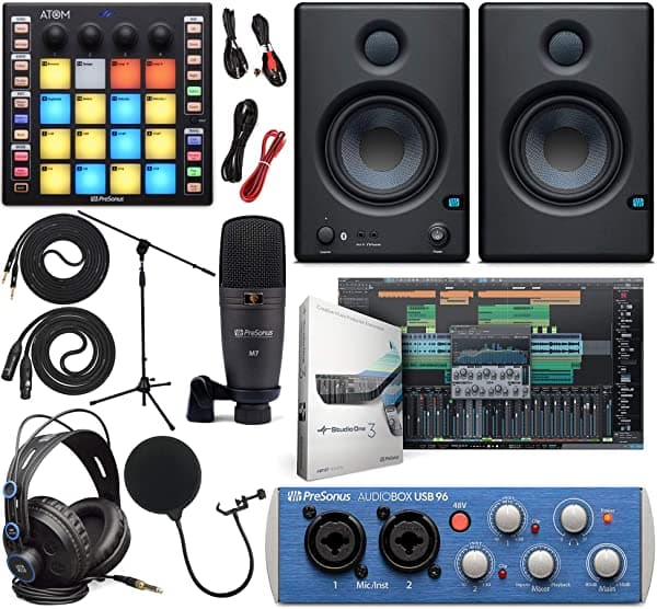 Presonus Audiobox 96 Interfaz De Audio (Puede Variar Azul O Negro) Paquete De Estudio Completo Con Studio One Artist Software Pack Atom Midi/Controlador De Almohadilla De Producción Eris 4.5 Bt Par De Monitores Bluetooth De 2 Vías
