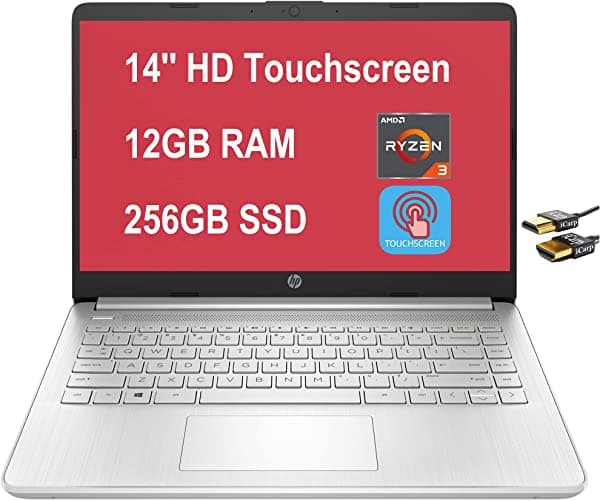 2021 HP 14 - Pantalla Táctil HD AMD Ryzen 3 3250U (supera al i7-7600U) 12GB RAM 256GB SSD AMD Radeon Vega 3 USB-C WiFi 6 HDMI HD Webcam Win 10 + iCarp Mouse Inalámbrico HP 14 Laptop