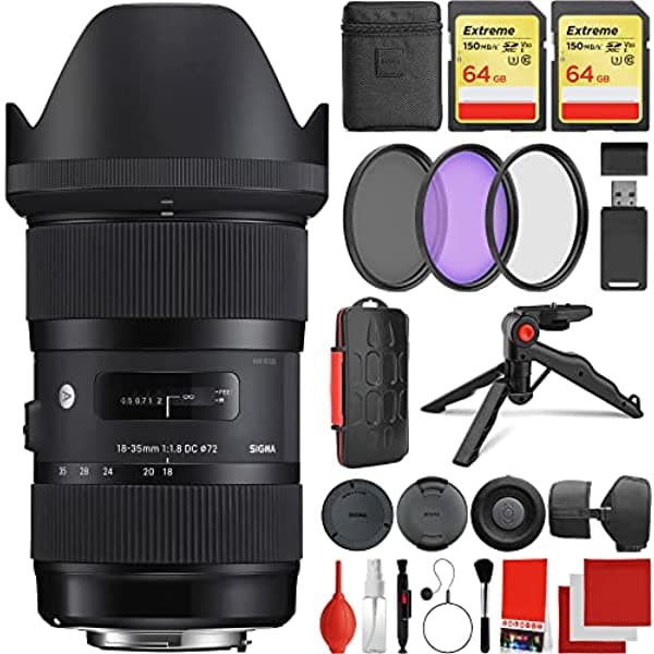 Sigma Paquete De 0.709-1.378 In F/1.8 Dc Hsm Art Lente Canon Ef-Mount Con 2 Tarjetas De Memoria Extremas De 64 Gb Control Remoto Infrarrojo Kit De Filtro De 3 Piezas Correa De Muñeca Lector De Tarjetas Funda De Tarjeta De Memoria Trípode De Mesa SIG1835MMCANK1