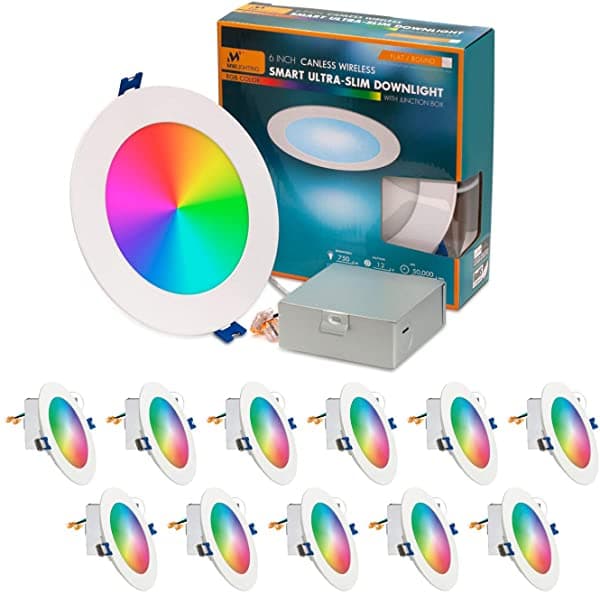mw Downlight LED RGBW De 6 Pulgadas Canless (Sin Lata) Ultra-Slim RGBW LED Smart Trim Borde Plano 750 Lúmenes Caja De Conexiones Incluida Acceso WiFi No Requiere Concentrador Compatible Con Alexa O Google Assistant Energy Star (12 Unidades) ‎MW-RSD612W-RGBWIFI