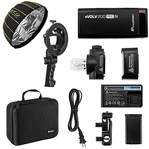 Flashpoint Evolv 200 Pro Ttl Kit De Flash De Bolsillo (Ad200 Pro) - Glow Ez Lock Plegable Plata Beauty Dish 25In Glow De Mano Grip S-Type Bracket Bowens Mount Holder Para Speedlite Flash Softbox EV-200 PRO X28