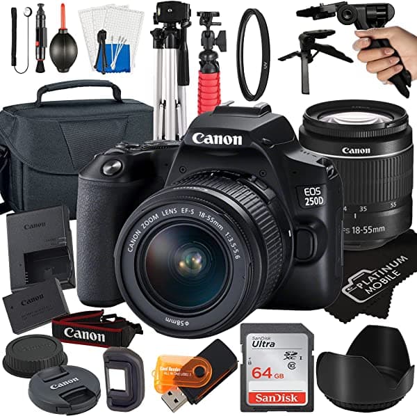 Canon Eos 250D / Rebel Sl3 Cámara Réflex Digital Con Lente De Zoom Ef-S De 0.709-2.165 In + Tarjeta Sandisk De 64 Gb + Trípode + Funda + Paquete Megaaccessory (Paquete De 21 Piezas) (Lente De 0.709-2.165 In Sandisk 64 Gb)