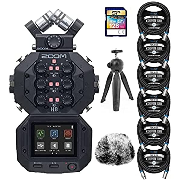Zoom H8 8-Input / 12-Track Handy Grabador Bundle Con Blucoil 6-Pack De Cables Xlr Balanceados De 10 Pies Mic Furry Windscreen Trípode De Cámara Superior De Mesa Tarjeta De Memoria Sdxc De 128 Gb Y Auriculares Samson Sr350 A2046