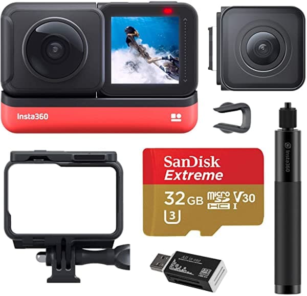 Insta360 One R Twin Edition Dual Lente 360 + 4K Wide Angle Mods Impermeable Deportes Y Cámara De Acción Bundle Con Invisible Selfie Stick Tarjeta Microsd De 32 Gb Lector De Tarjetas