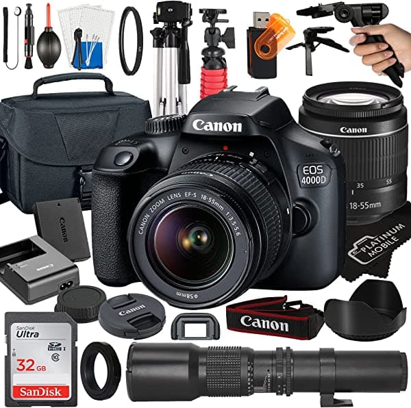 Canon Eos 4000D / Rebel T100 Cámara Réflex Digital Con Ef-S De 0.709-2.165 In + Lente De Enfoque Manual Preestablecida De 19.685 In + Tarjeta Sandisk De 32 Gb + Trípode + Funda + Paquete Megaaccessory (23 Unidades)