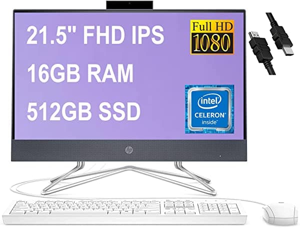 Reacondicionado HP 22 All-in-One Flagship - Computadora de Escritorio de 21.5" FHD IPS Antirreflejos 72% Pantalla NTSC Procesador Intel Celeron G5900T 16GB RAM 512GB SSD Intel UHD Graphics 610 DVD-RW Win10 Azul + Cable HDMI