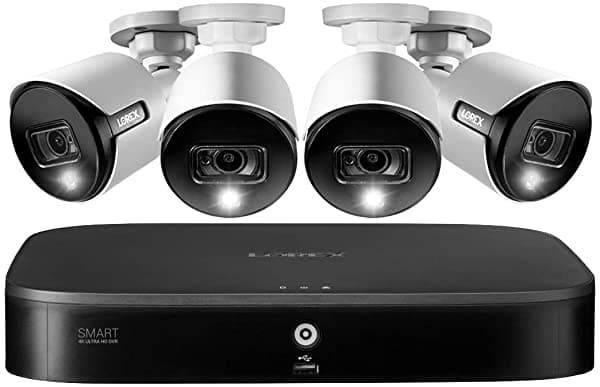Lorex 4K Ultra Hd Indoor Outdoor Seguridad Sistema 8 Canales 2Tb Dvr Y 4 4K 8Mp Camara De Disuasión Activa Con Detección De Movimiento Inteligente Y C D86182T-48DA-E