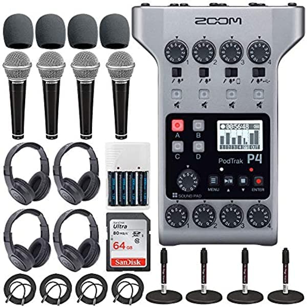 Zoom PodTrak P4 Grabador de Podcast Portátil + Memoria 64GB + 4 Micrófonos + 4 Auriculares + 4 Antivientos + 4 Soportes + Baterías & Cargador (Zoom P4 K9)