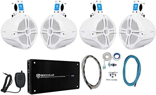 4 Rockville Rwb80W 8 Wakeboard Marine Parlantes+4 Canales Amplificador+Kit De Amp (2) RWB80W+RXM-F4+RMWK4+MRCA20