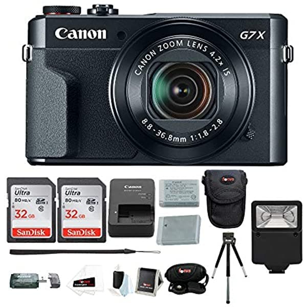 Canon PowerShot G7X Mark II Cámara Digital Total de 64GB Memoria 2 x 32GB + NB-13L Batería + Flash + Pack de Accesorios 6 Elementos 1066C001