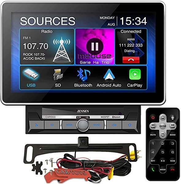 Jensen Car1000 - Receptor Multimedia con Pantalla Táctil Extra Grande de 10.1" con Cámara de Retroceso HD y Control Remoto