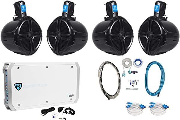 Rockville RWB90B 8" Parlantes Marinos Wakeboard + Amplificador 6 Canales + Kit Amp (2) RWB80B+RXM-S6+RMWK4+(2) MRCA20