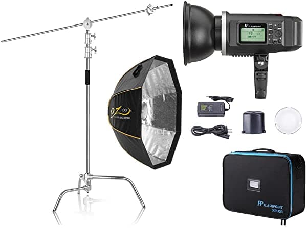 Flashpoint Xplor 600 Hss R2 - Kit De Fotografía Studioflash Strobelight Con R2 Integrado De 2.4 Ghz Montaje Bowens 600 W Batería De 8700 Mah Paquete Con Soporte C Y Bloqueo Ez De 36 Pulgadas Octabox XPLOR 600 Kit