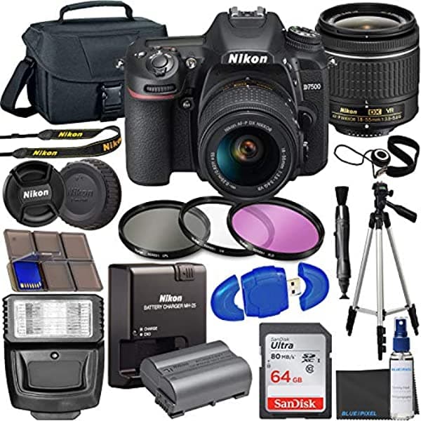 Nikon D7500 Dslr Camara 18-55 Mm Vr Lente + 64Gb Tarjeta Trípode Flash Kit De Filtro De 3 Piezas Case Y Más
