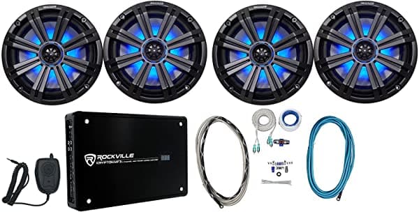 4 Kicker 45Km84L Parlantes Impermeables Bundle Rockville Mrca25 Par Marine Rca Cable Dividido Pin Rmwk8 Kit De Alambre De Alambre Marino Impermeable Y (2) 45KM84L+RXM-F3+RMWK4+MRCA25