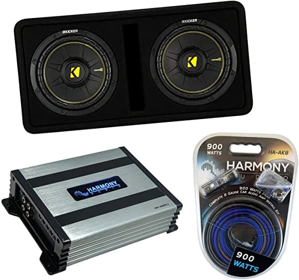 Harmony Audio Paquete Kicker Compatible con Vehículos Universales 44DCWC102 Dual 10 Pulgadas CompC Doble Puerto Carga Caja para Subwoofer con Amplificador de Subwoofer HA-A400.1 de 800 W y Kit de Instalación de Amplificador HA-AK8 de 900 W HA-SUBPACK106