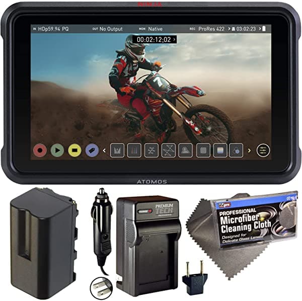 Atomos Ninja V 5 Touchsen Grabacion Monitor 10Bit Hdr Np-F750 Bateria Ac Dc Cargador Y Paquete De Tela De Limpieza ATOMNJAV01